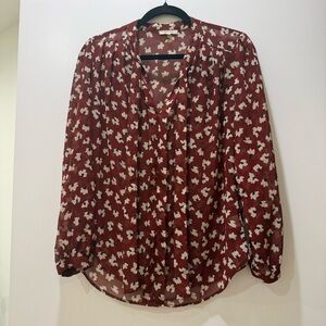Burgundy Floral V-Neck Long-Sleeve Blouse
